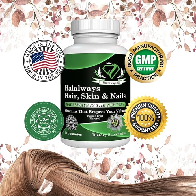 Halalways Hair, Skin & Nails Gummy Certified Halal Supplement Optimal Solutions Hair, Skin and Nails Gummies with Biotin 6000 mcg, Folate,Passion Flavored