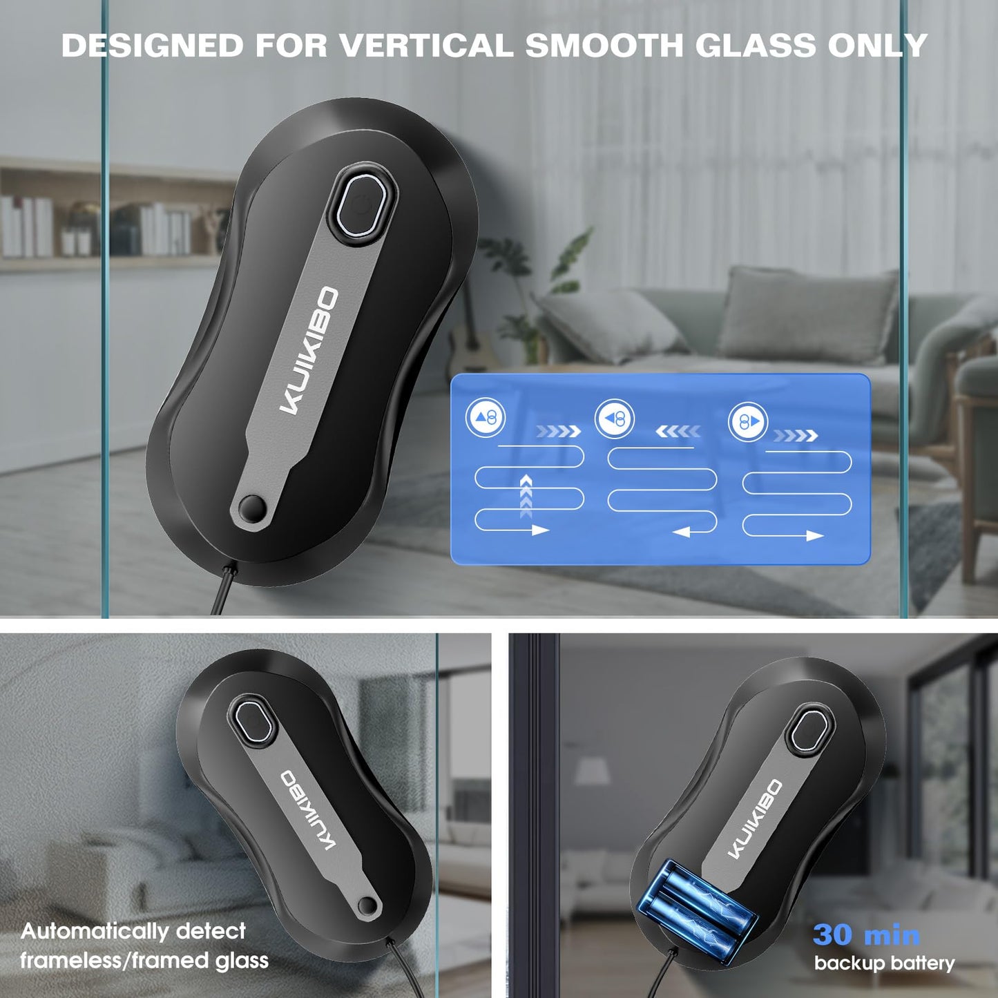 KUIKIBO S6 Window Cleaner Robot with Leather Belt Dual Water Spray 3500Pa Houshold Window Cleaning Robot with AI Path Planning Low Noise Glass Cleaning Robot for Frame/Frameless Glass