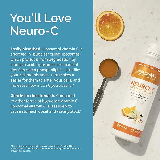 BRAINMD by Dr Amen Neuro-C, Citrus Vanilla - 16 fl oz - 1000 mg Liposomal Vitamin C - Advanced Brain & Immune Defense - Gluten Free - 32 Servings