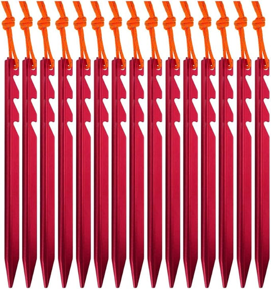 7075 Aluminum Tent Stakes 15 Pack - Ultralight Tri-Beam Tent Pegs with Reflective Rope - Essential Tent Accessories for Camping, Rain Tarps, Hiking, Backpacking