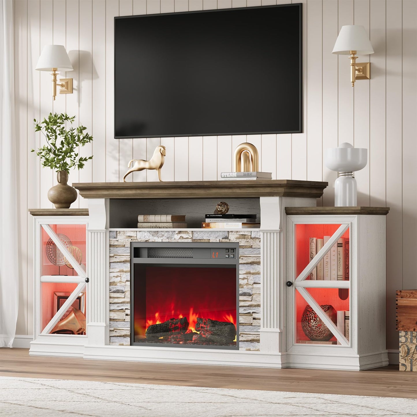 QUW Electric Fireplace TV Stand, 70" Farmhouse Entertainment Center with Open Shelf and Glass Barn Door Cabniet, Modern TV Console Table with 7 Flame Colors for Living Room, Antique White
