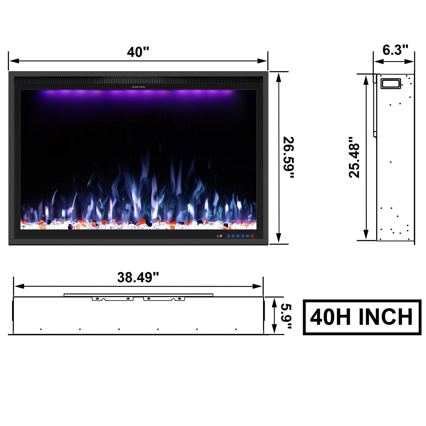 Benrocks 40'' WiFi- Enabled Electric Fireplace Inserts - Alexa & App Control, Slim Recessed & Wall Mounted, 13 * 13 * 3 Flame Color Combinations, 750W/1500W, Black