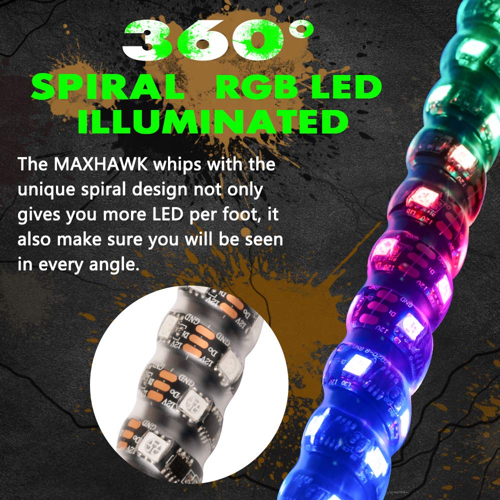 MAXHAWK 2X 5ft LED Whip Light 360° Spiral Chasing/Dancing Lighted Antenna RGB LED Whips with Flag for UTV ATV Off Road Truck Sand Buggy Dune Quad 4X4 Boat