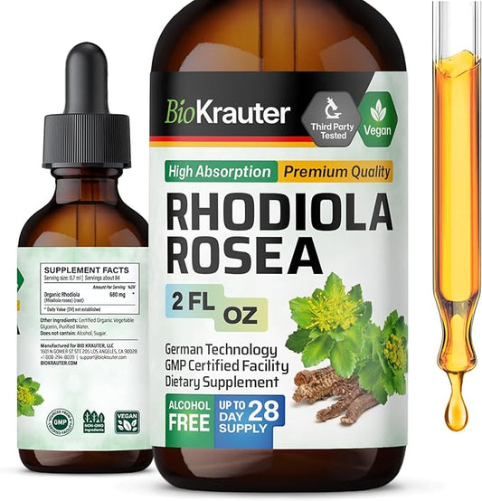 BIO KRAUTER Rhodiola Rosea Supplement Liquid - Pure Rhodiola Rosea Tincture - Vegan Calmness Support - Alcohol & Sugar Free Extract 2 Fl.Oz.