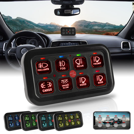 SUNPIE 8 Gang Switch Panel RGB, Toggle Momentary Pulsed Multifunction Bluetooth Switch Panel for Jeep Car SUV ATV UTV Boat Marine, Universal 12V Circuit Control Relay System Box Waterproof
