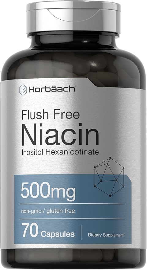 Horbaach Niacin 500mg | 70 Capsules | Flush Free Supplement | as Inositol Hexanicotinate | Non-GMO and Gluten Free