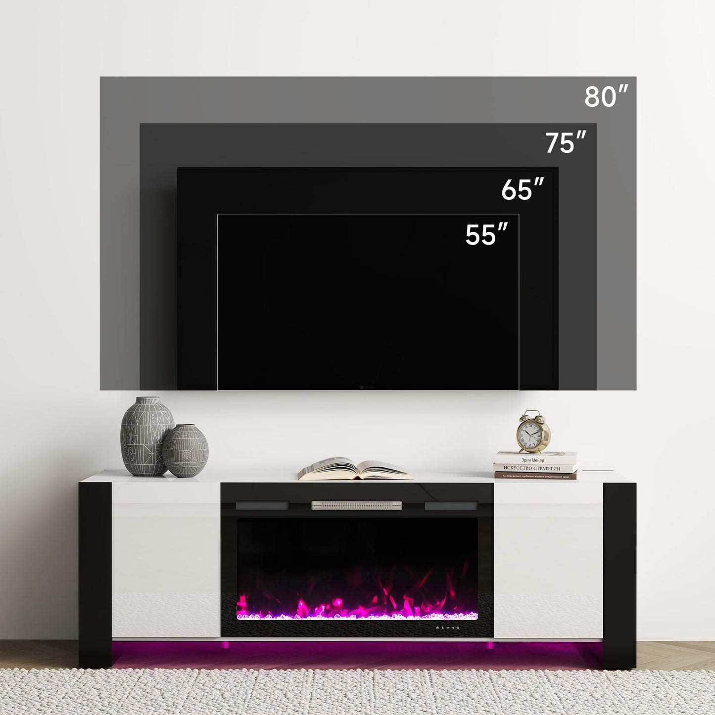 Real Relax 70" U-Shaped Leg TV Stand with 36" Electric Fireplace, High Gloss Finish Entertainment Center for TVs Up to 80", TV Console Cabinet for Living Room, White