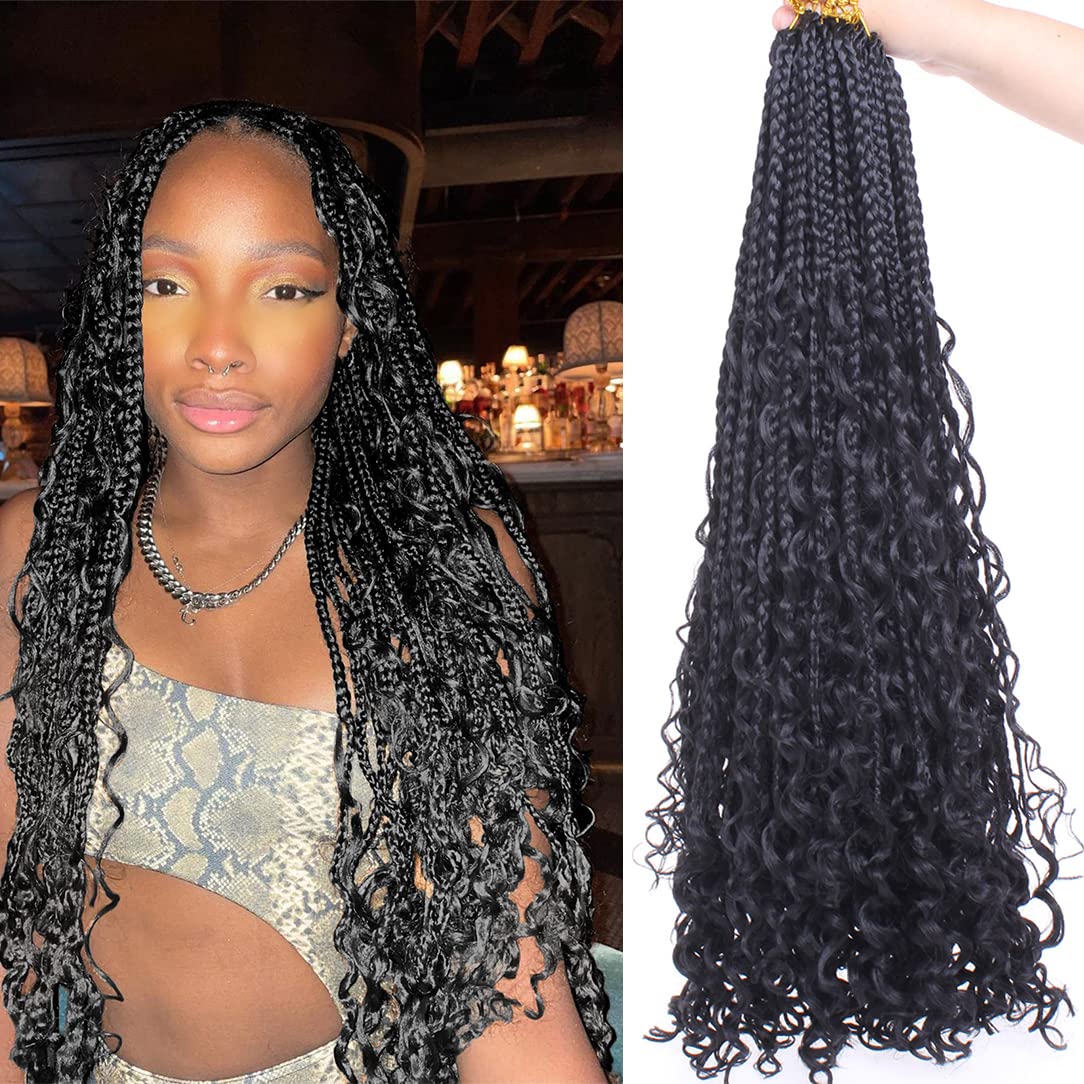 Beverlee 24 Inch Boho Box Braids 8 Packs Goddess Box Braids Crochet Hair Bohemian Hippie Braids Braiding Hair Box Braids with Curly Ends Messy Pre-looped Synthetic Crochet Hair for Black Women 1B#