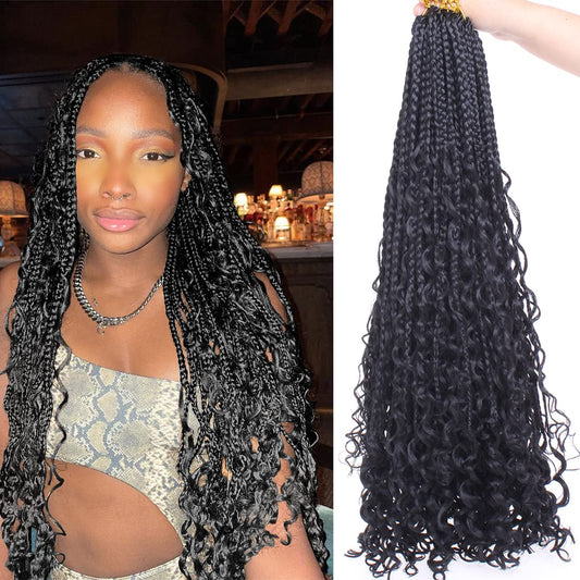 Beverlee 24 Inch Boho Box Braids 8 Packs Goddess Box Braids Crochet Hair Bohemian Hippie Braids Braiding Hair Box Braids with Curly Ends Messy Pre-looped Synthetic Crochet Hair for Black Women 1B#