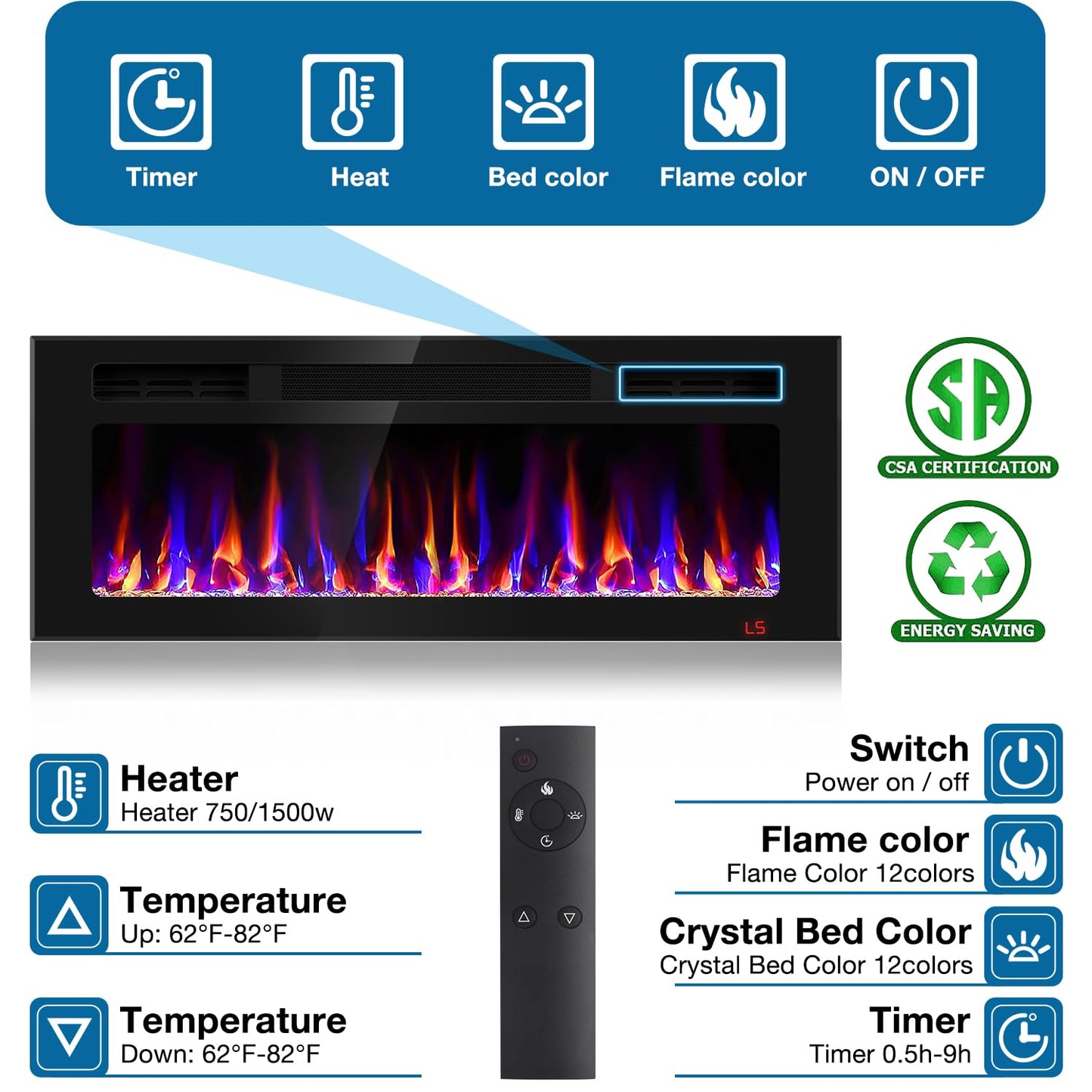 43 Inch Electric Fireplace Recessed and Wall Mounted, Fireplace Heater and Linear Fireplace, Ultra-Thin Electric Fireplace, Low Noise, with Timer, Remote Control, Adjustable 12 Flame Color, 750/1500W