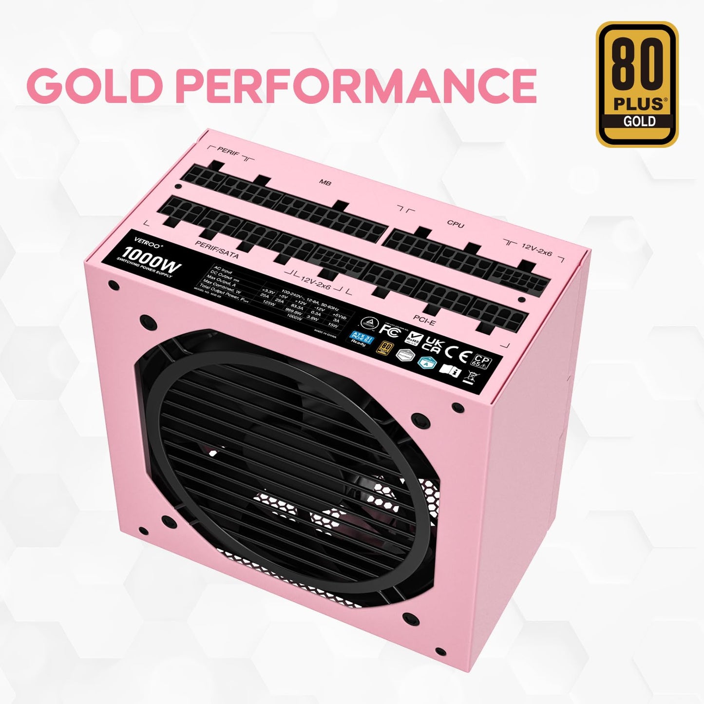 Vetroo 1000W Pink Power Supply ATX 3.1 Ready Dual PCIe 5.1, 80 Plus Gold Full Modular, Eco Mode with 120mm FDB Fan, Compact Size, 10 Year Warranty for Gaming PC
