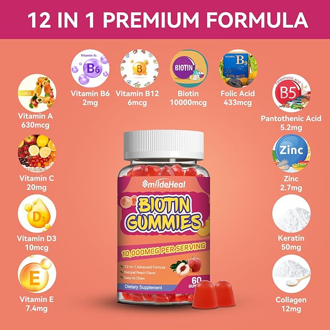2 Pack Biotin Gummies for Hair Growth 10000 mcg, Hair Skin and Nails Gummies with Folic Acid, Vitamins A, B, C, E & D, Vegan biotin Vitamins for Women & Men, 120 Gummies