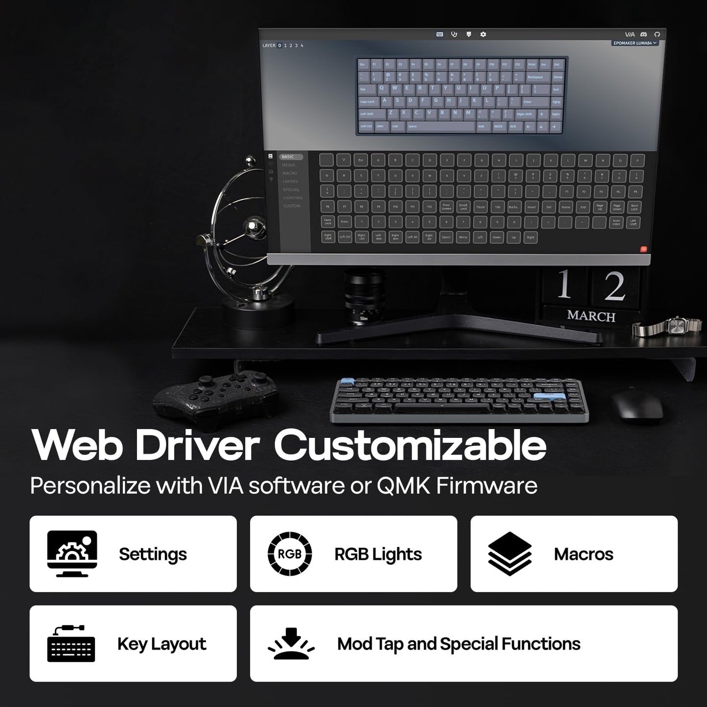 EPOMAKER Luma84 Low Profile Aluminum Mechanical Keyboard, QMK/VIA Programmable, Tri-Mode Wireless, Win/MAC/Linux Compatible, RGB Backlight (Black&Blue, Gateron Low-Profile Red Switch)