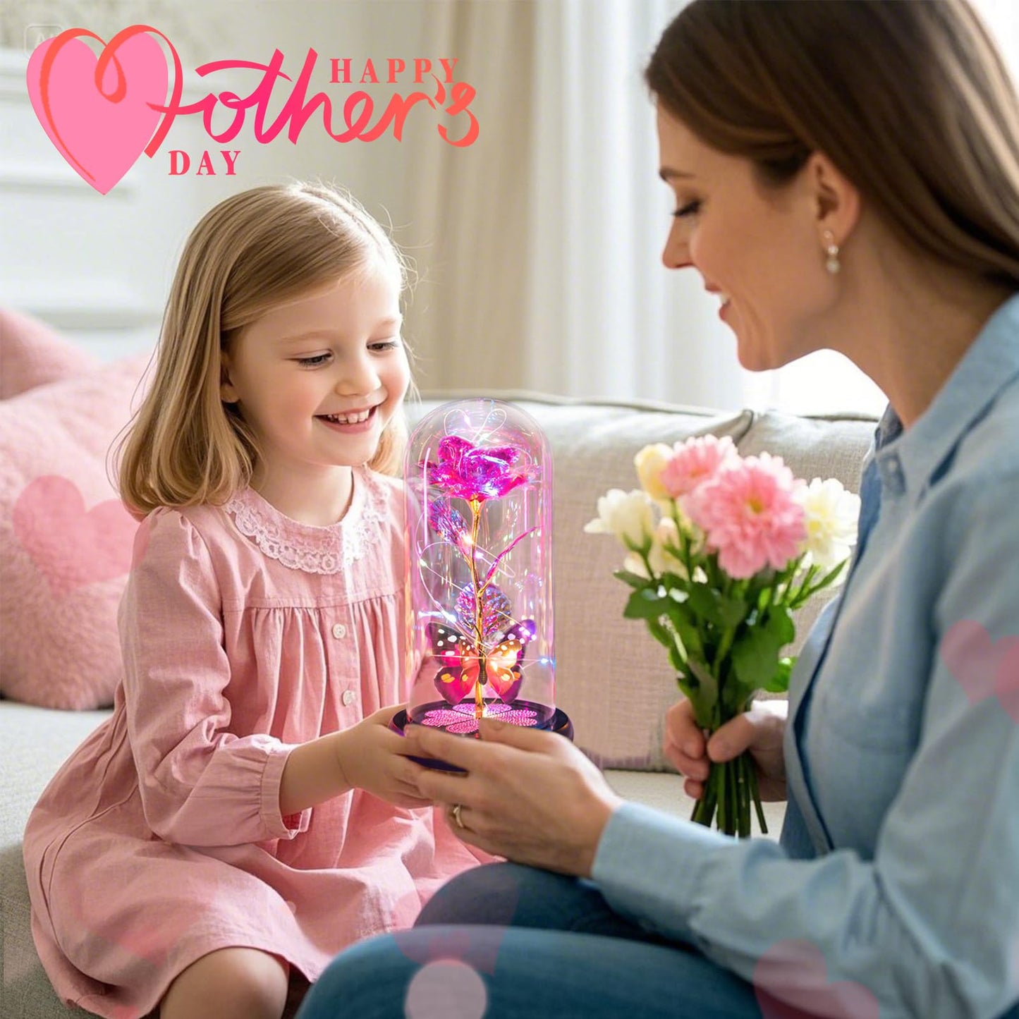 Birthday Gifts for Women Mom, Galaxy Glass Rose Forever Eternal Crystal Flower Light Up Rose in Glass Dome with Butterfly Mothers Day Christmas Rose Gifts for Her Wife Grandma Daughter Friends Pink