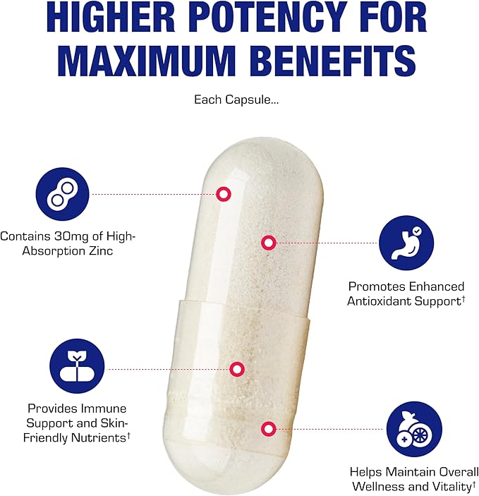 Chelated Zinc Picolinate 30mg - Clinically Formulated High Potency Zinc Supplement for Women & Men for Healthy Skin Bone & Immune System Support - Vegan Non-GMO & Easy to Swallow - 100 Servings