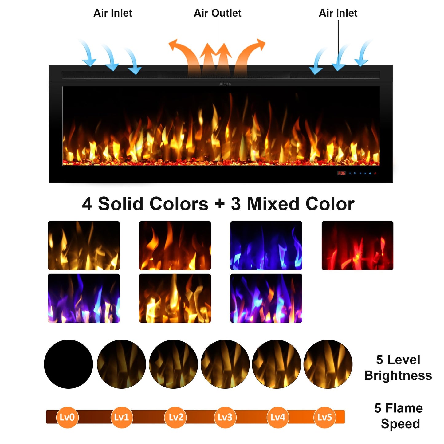 Kentsky 48" Electric Fireplace, Wall Mounted & Insert Electric Fireplace, W/Mixed Color Flame, Adjustable Brightness & Speed, 0-8H Timer, Thermostat, 750w/1500w, Balck