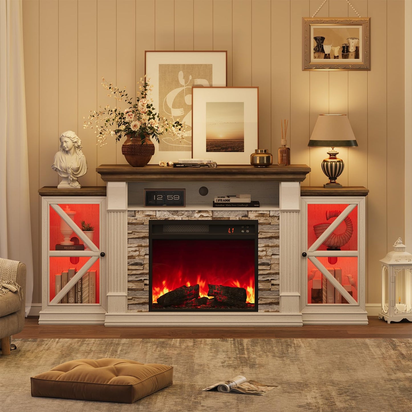 QUW Electric Fireplace TV Stand, 70" Farmhouse Entertainment Center with Open Shelf and Glass Barn Door Cabniet, Modern TV Console Table with 7 Flame Colors for Living Room, Antique White