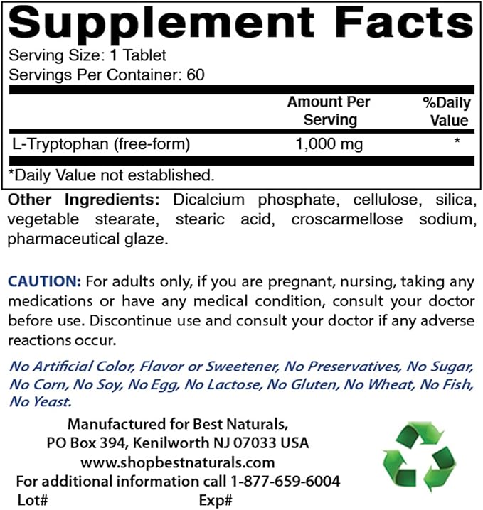 Best Naturals L-Tryptophan 1000 mg 60 Tablets (60 Count (Pack of 3))