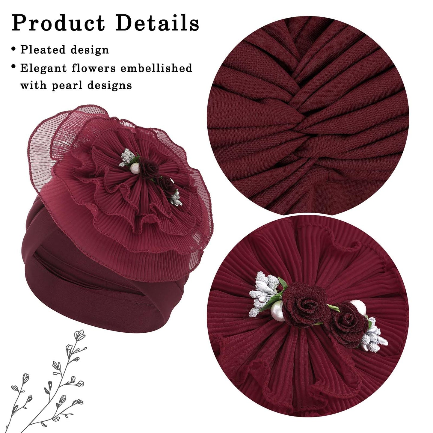 Bohend Flower Turbans Cap Pearl Knot Headwarp Beanie Pre Tied Head Cover Bonnet Women Muslim Stretchy Pleated Headscarf Hat (Polyester, red wine)