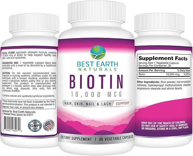Best Earth Naturals Biotin 10,000mcg - Extra Strength Biotin Vitamin Supplement to Support Hair Growth, Strong Nails, Long Eye Lashes and Healthy Skin
