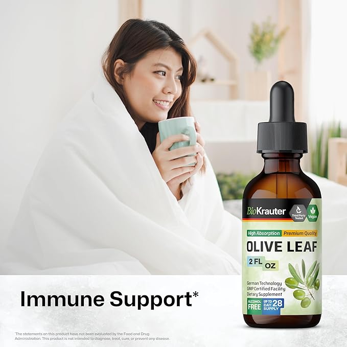 BIO KRAUTER Olive Leaf Extract Liquid - Olive Leaf Tincture for Immune Support - Alcohol and Sugar Free - Vegan Drops 2 Fl.Oz.