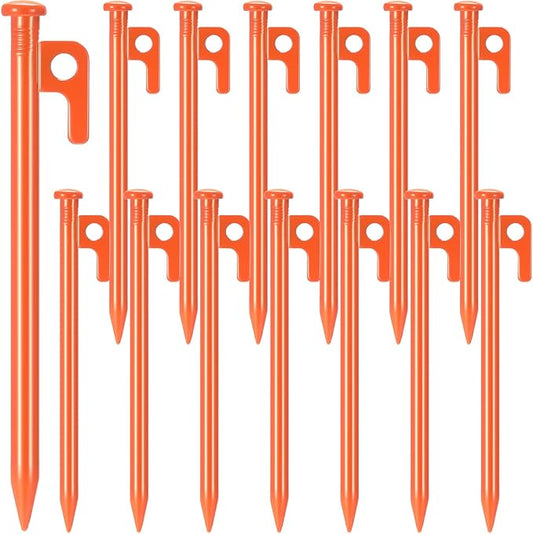 Blulu 24 Pcs Tent Stakes Heavy Duty Steel Metal Tent Pegs 8/12/16 Inch Unbreakable and Inflexible Metal Stakes Tent Spikes for Camping, Yard Decoration, Picnic, Tarp (Orange,8 Inch)