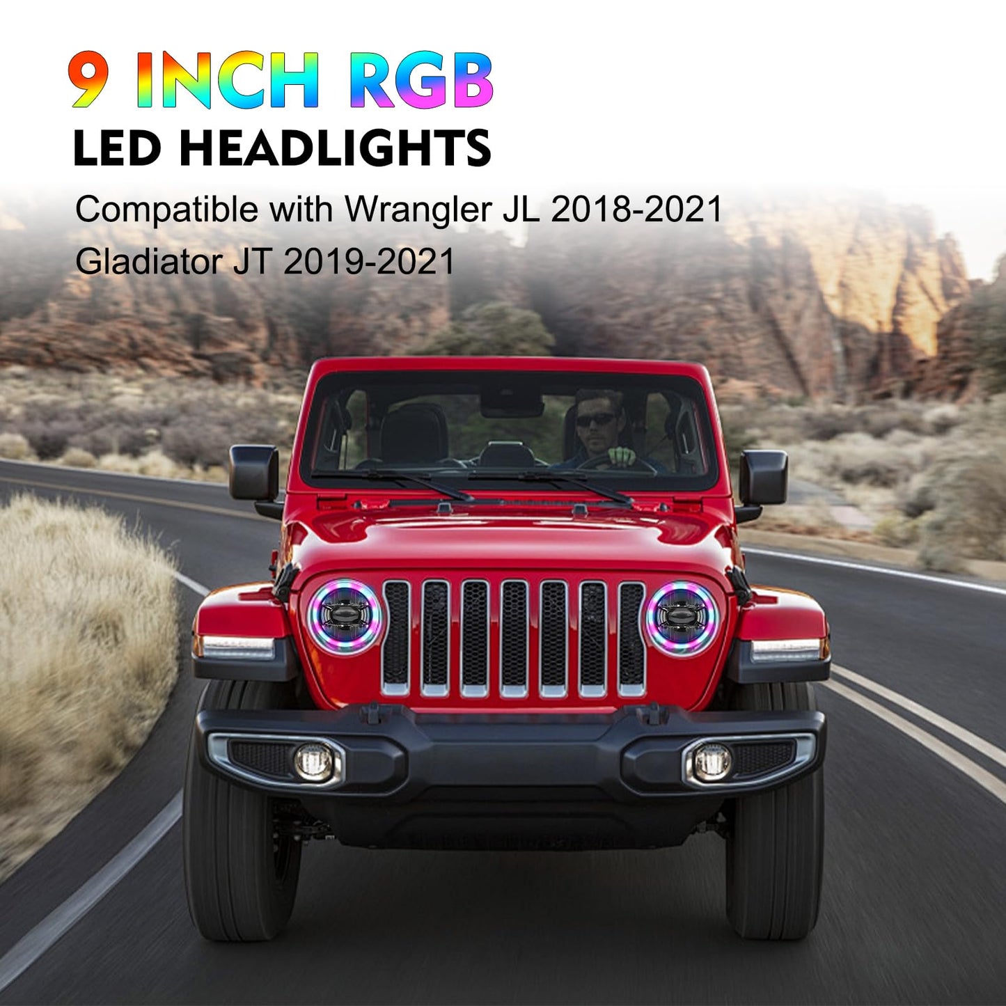 BEEYEO 9 inch LED Headlights RGB Halo Ring 9” Round Front Head Light, Remote Phone APP Control DOT Approved for Wrangler JL 2018 2019 2020 2021, Gladiator JT 2019 2020 2021