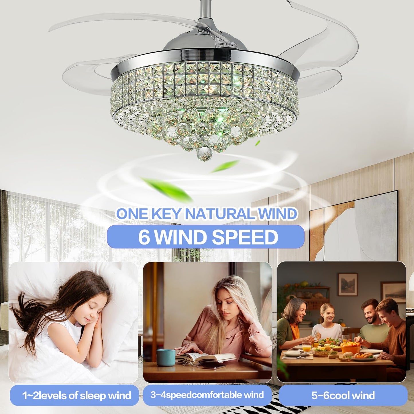Zynfandor 42” Bluetooth Ceiling Fan with Light and Speaker,RGB Retractable Blades Crystal Fandelier Music Player LED Chandelier 6-Speed APP Control Timer Remote Control for Bedroom Silver