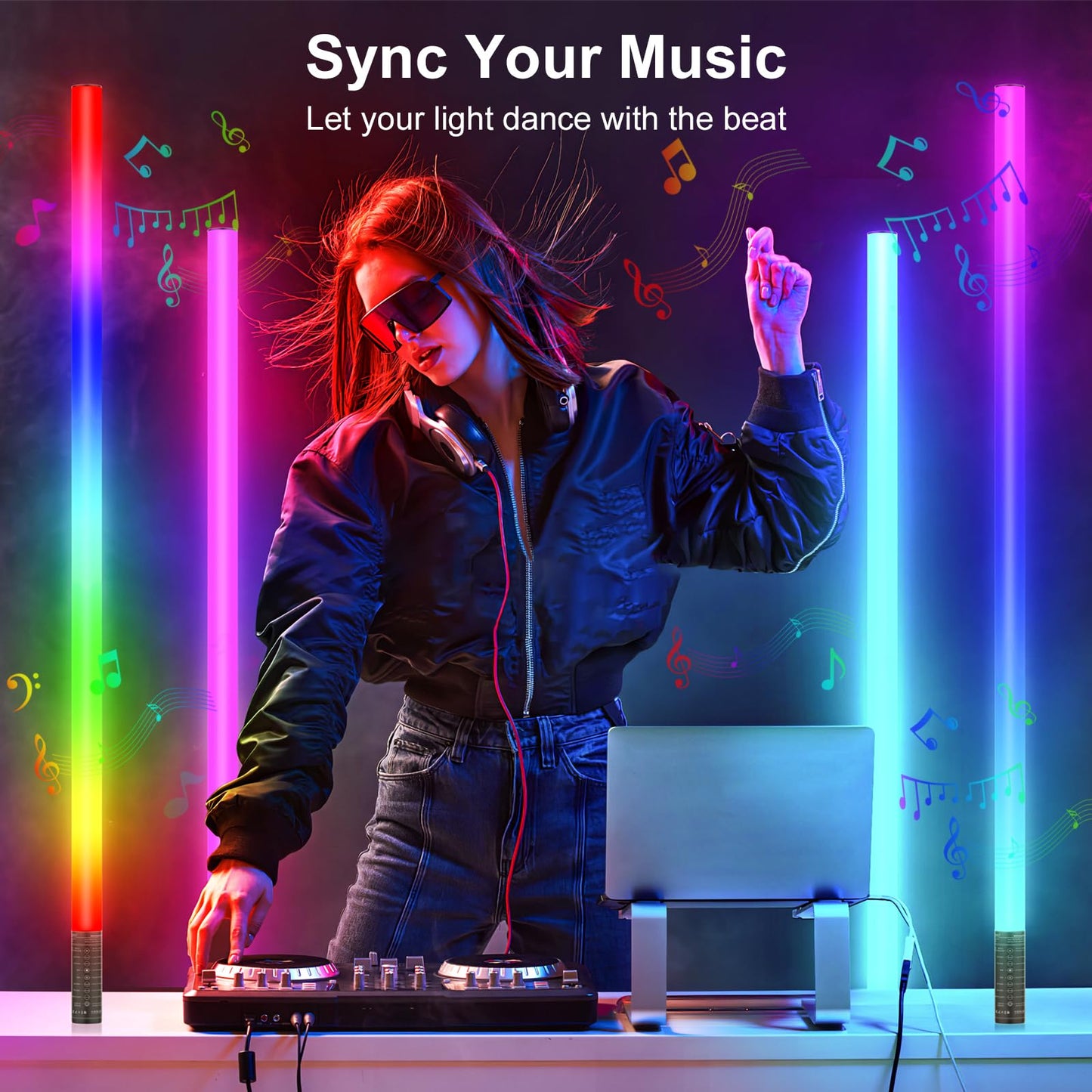 Lookmein 4Pack RGB Tube Light Bar with Light Stand, Battery Powered LED Video Light Wand Stick for DJ Lighting, Dance Club and Photography Lighting