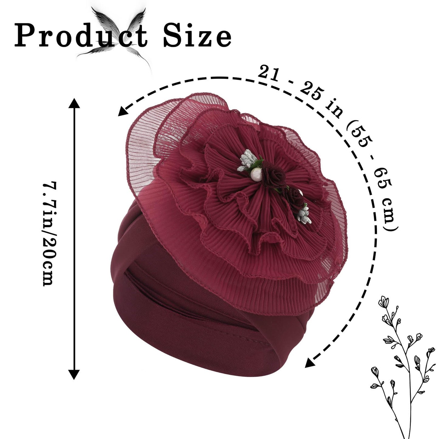 Bohend Flower Turbans Cap Pearl Knot Headwarp Beanie Pre Tied Head Cover Bonnet Women Muslim Stretchy Pleated Headscarf Hat (Polyester, red wine)