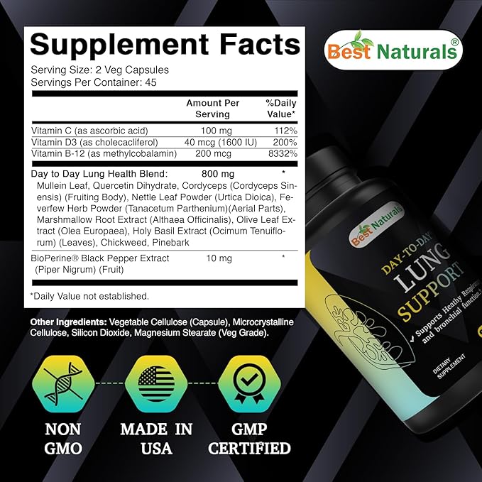 Best Naturals Day-to-Day Lung Support Supplements 90 Veg Cpasules - Made with Mullein, Quercetin, Cordyceps, Nettle, Feverfew, Marshmallow, Olive Leaf Extract