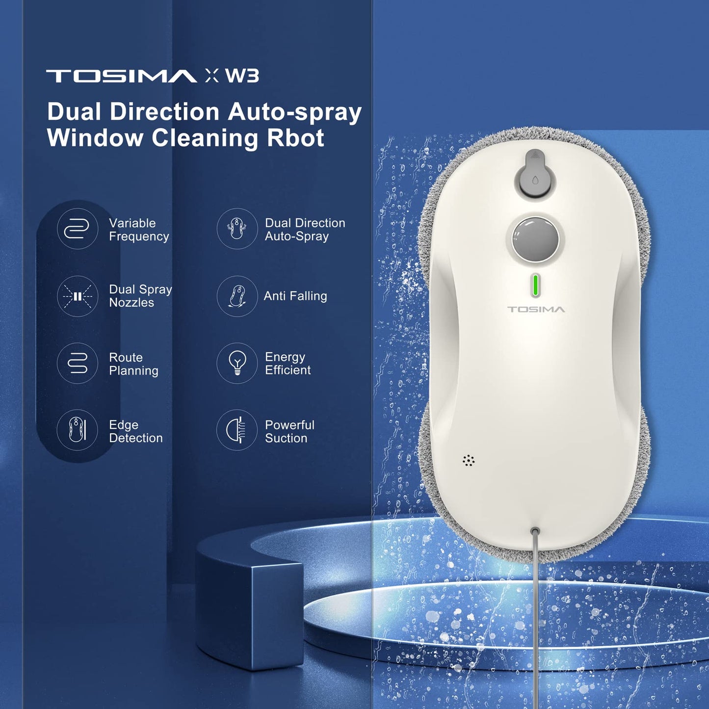 Tosima W3 Window Cleaning Robot - Dual Direction Auto-Spray Smart Window Cleaner with Triple Safety System, Smart Navigation, Remote Control, for All Smooth Surfaces, with 12 Rags, White