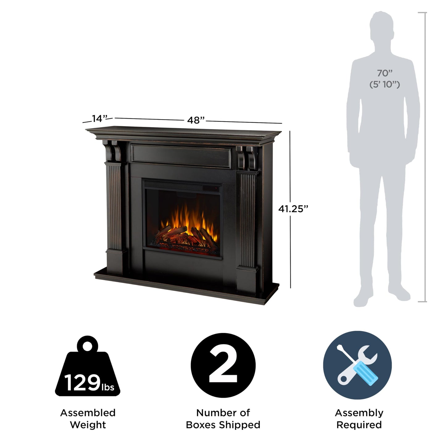 Real Flame Ashley 48" Electric Fireplace with Mantel for Living Room or Bedroom, Replaceable Fireplace Insert Heater, Realistic Log and Flame Effect, Remote Control, Timer