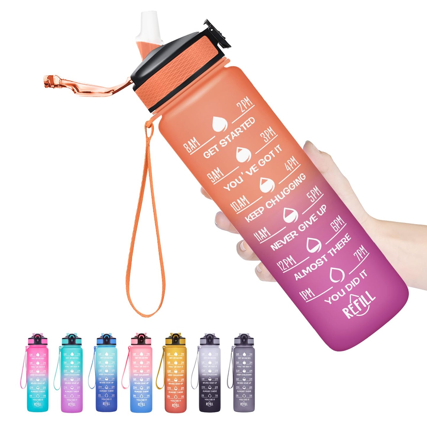 Hyeta 32 oz Water Bottles with Times to Drink and Straw, Motivational Water Bottle with Time Marker, Leakproof, Drinking Sports Water Bottle for Fitness, Gym and Outdoor