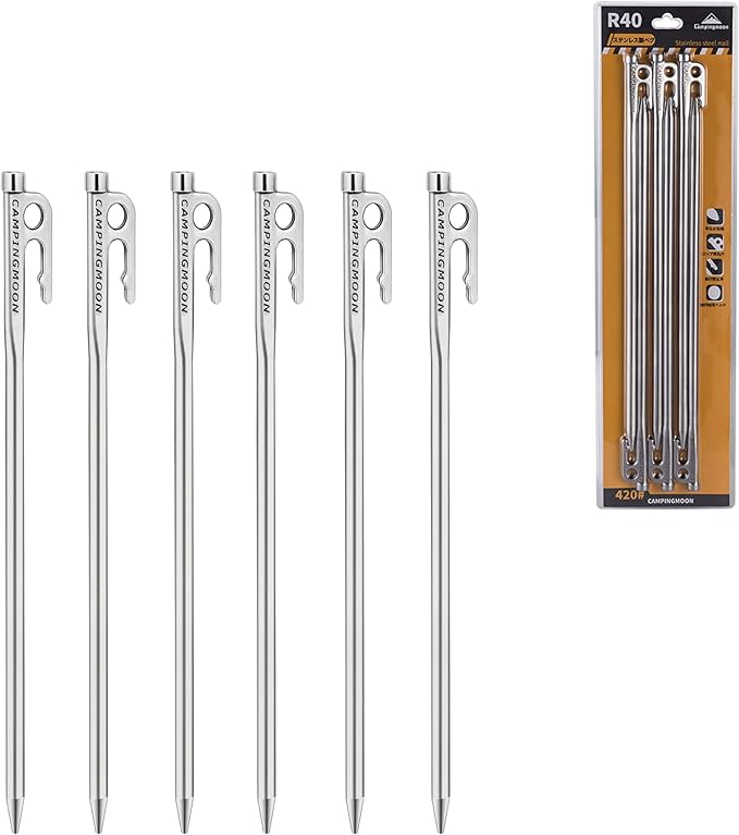 CAMPINGMOON 15.7-inch 6pcs Martensitic Stainless Steel 420J2 Hardened Forged Tent Stake Power Peg Ideal for Hard Ground R-40-6P
