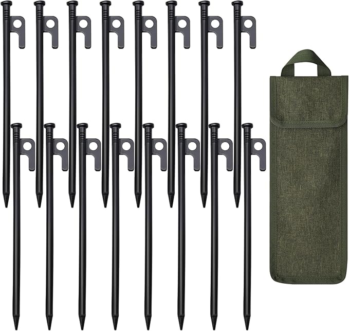 16 Pack Tent Stakes, 10in Tent Stakes Heavy Duty with Storage Bag, Forged Steel Tent Pegs for Camping Unbreakable and Inflexible(16pcs 10in Stakes)