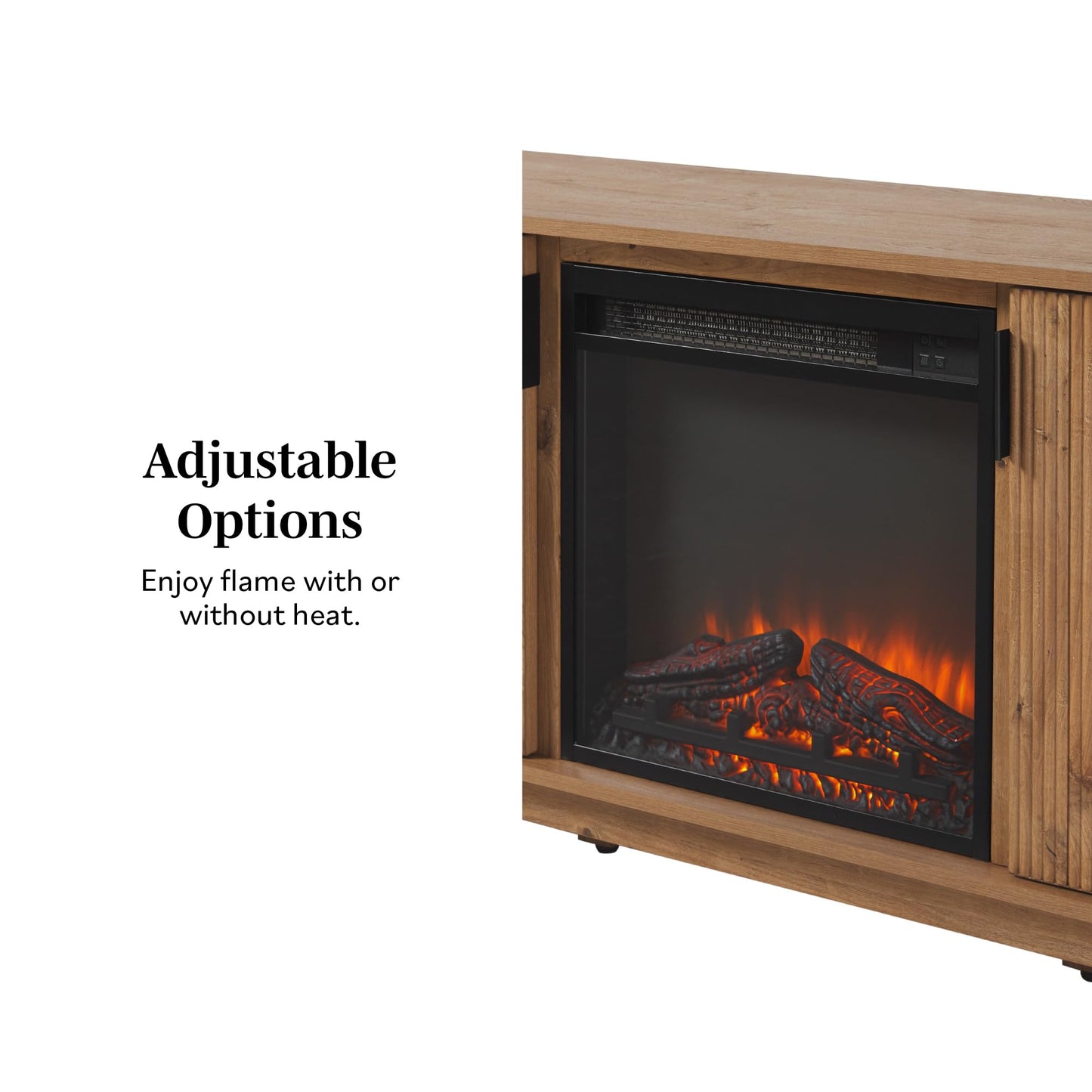 Walker Edison Arundo Reeded TV Stand with Fireplace & Storage, 70" Fireplace, English Oak