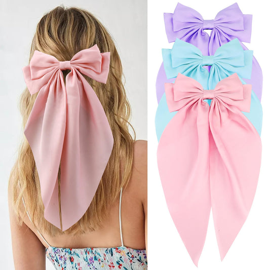 Velscrun Hair Bows for Women Girls 3Pcs Pink Blue Purple Silky Satin Large Bows Hair Clip Oversized Hair Ribbons Long Tail Big Bows Hair Accessories