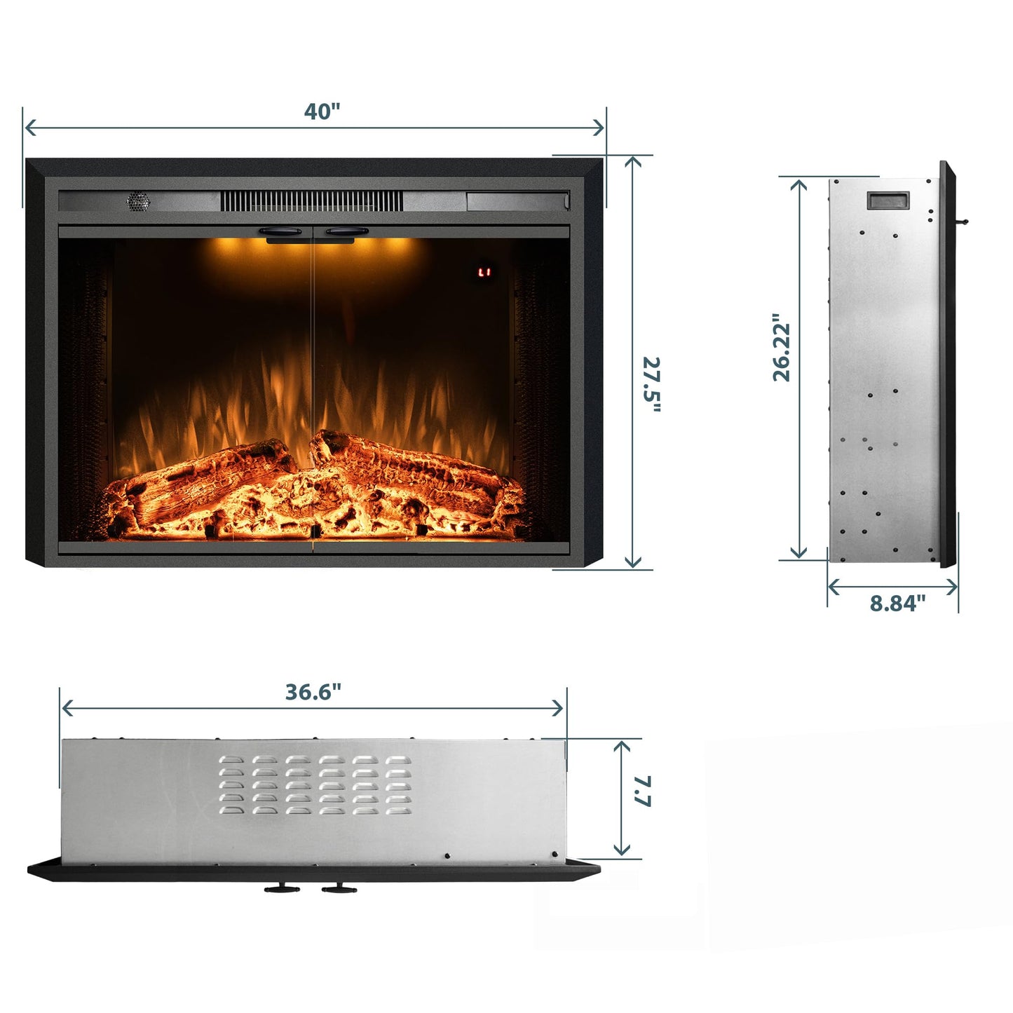 Benrocks 40'' Electric Fireplace Inserts with Glass Door, Electric Fireplace Heater with Fire Crackling Sound, Adjustable Top Light & Flame Speed, Overheating Protection, 750/1500W Black