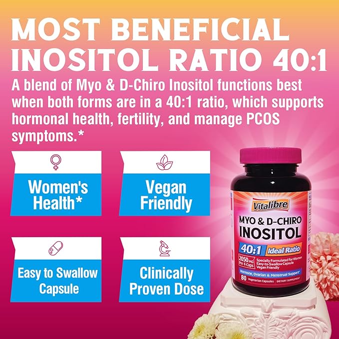 Inositol Supplement, Myo-Inositol & D-Chiro Inositol Fertility Supplements for Women, 40:1 Ideal Ratio, Hormone Balance and Ovarian Support, 80 Vegan Capsules