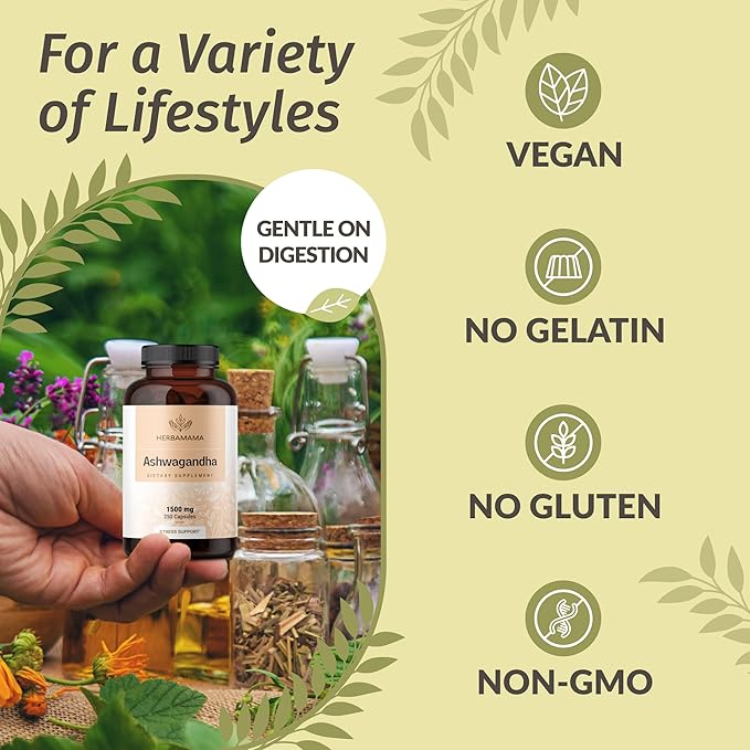 HERBAMAMA Ashwagandha Capsules - 1500mg Pure Ashwagandha Root for Relaxation & Mood Support - Vegan, Non-GMO Focus & Calming Supplement for Adults, 250 Caps