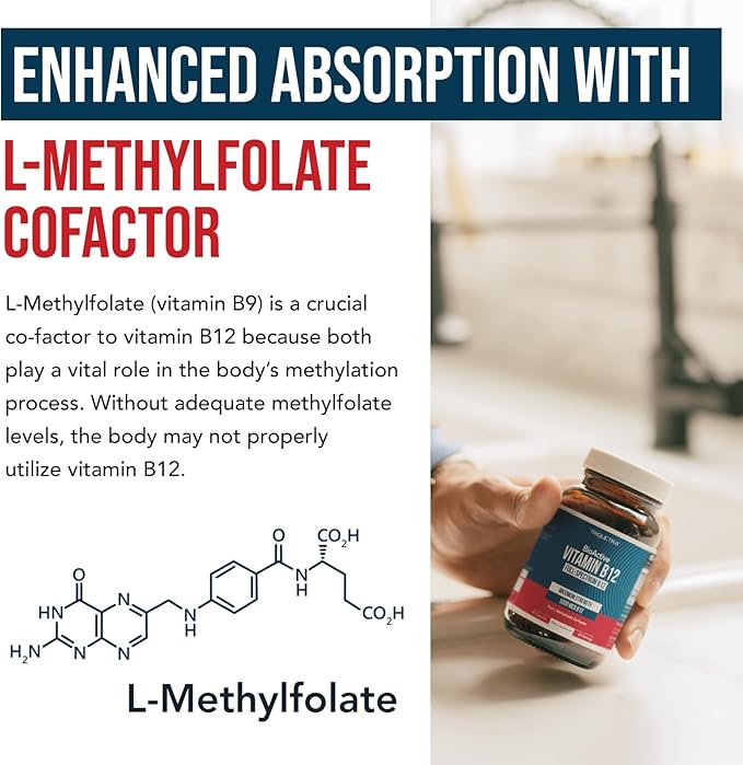 BioActive Vitamin B12 - 5000 mcg, Contains 3 BioActive B12 Forms Plus Methylfolate Cofactor - Methyl B12, Adenosyl B12 & Hydroxy B12 | Supports Energy, Metabolism & Mood | Vegan, Non-GMO (60 Servings)