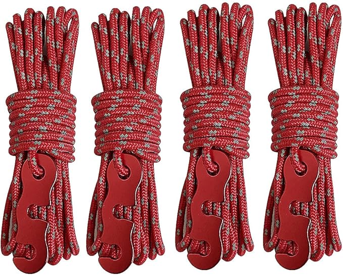 Tent Wind Ropes with Tensioners Cord Adjuster, 4pcs 13ft Reflective Rope for Camping, Hiking, Canopy Shelter, Outdoor Activity(RED)