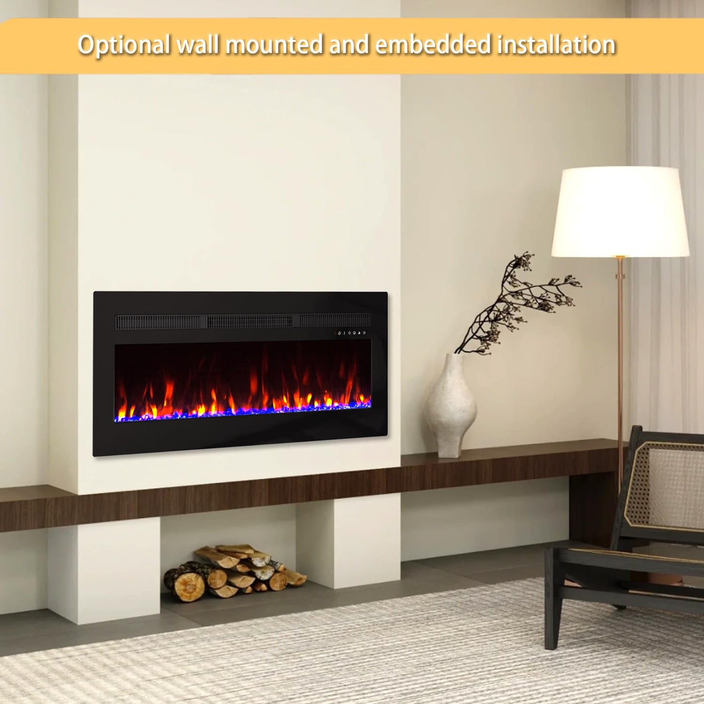 Panana Electric Fireplace Heater Wall-Mounted or Recessed Electric Fireplace Inserts with Timer, Touch Screen/Remote Control, Adjustable Flame Color and Speed,5000 BTU Heat Output (50")