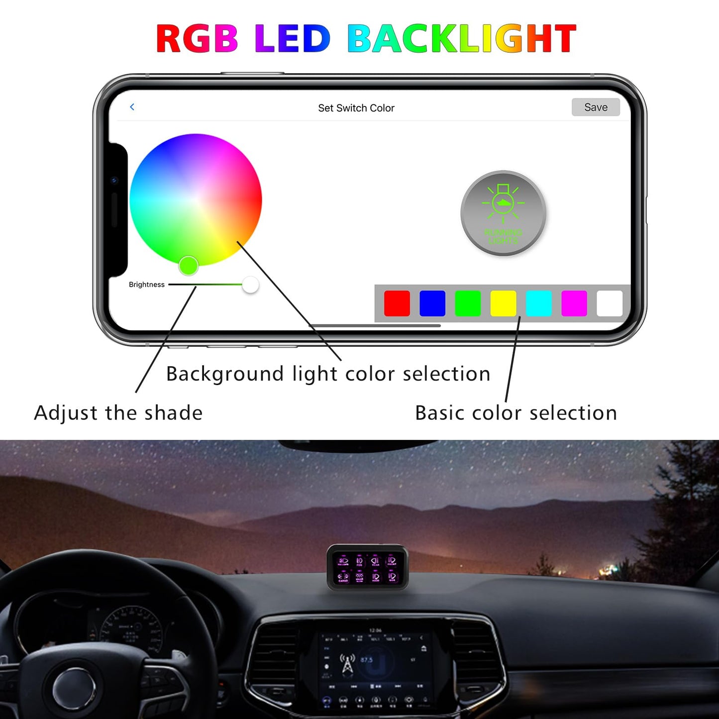 SUNPIE 8 Gang Switch Panel RGB, Toggle Momentary Pulsed Multifunction Bluetooth Switch Panel for Jeep Car SUV ATV UTV Boat Marine, Universal 12V Circuit Control Relay System Box Waterproof