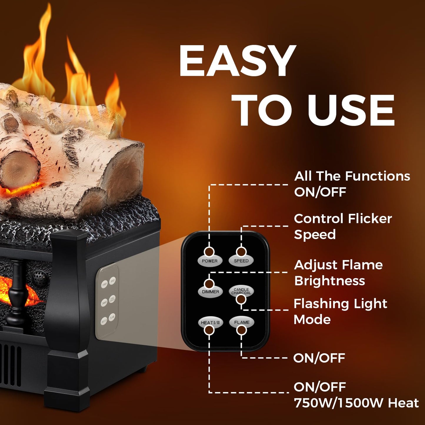 21 Inches Electric Fireplace Insert Log Heater, 5 Flame Brightness, Multiple Flicker Speed, 750w/1500w Heating, Remote Control, Auto Shut Off