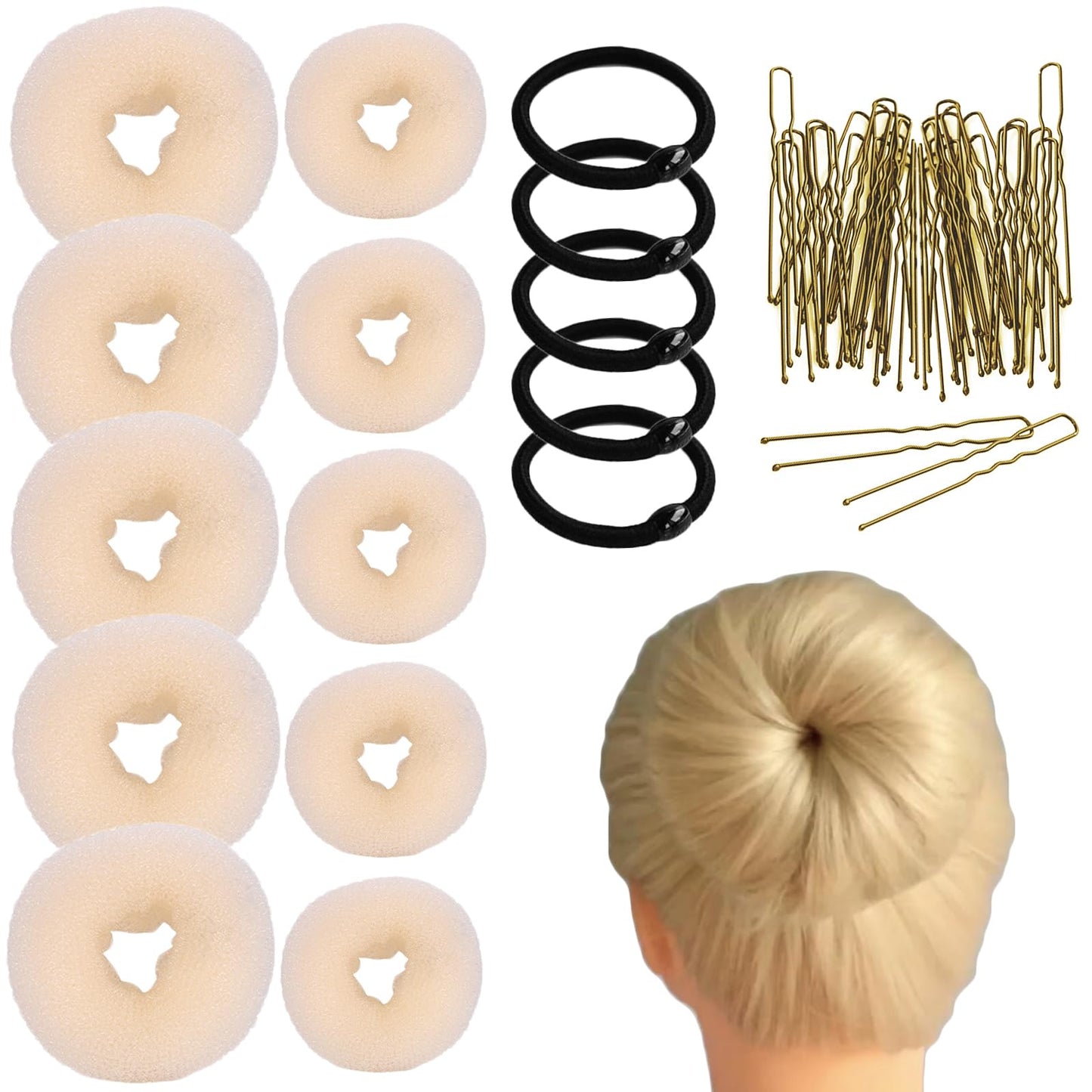 10 Pcs Hair Bun Maker - Donut Bun Maker for Hair(5 medium and 5 small),Ballet Bun for Women and Kids with Elastic Hair Ties, Hair Pins(Beige)