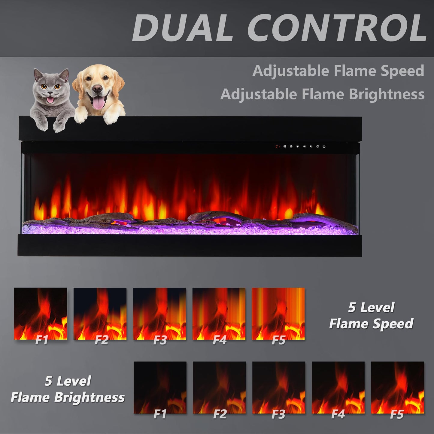 3 Sided Glass Built-in 60" Electric Fireplace - Multi-Color Flames, Heater, DIY Crystal & Log Set, Smart App & Remote Control