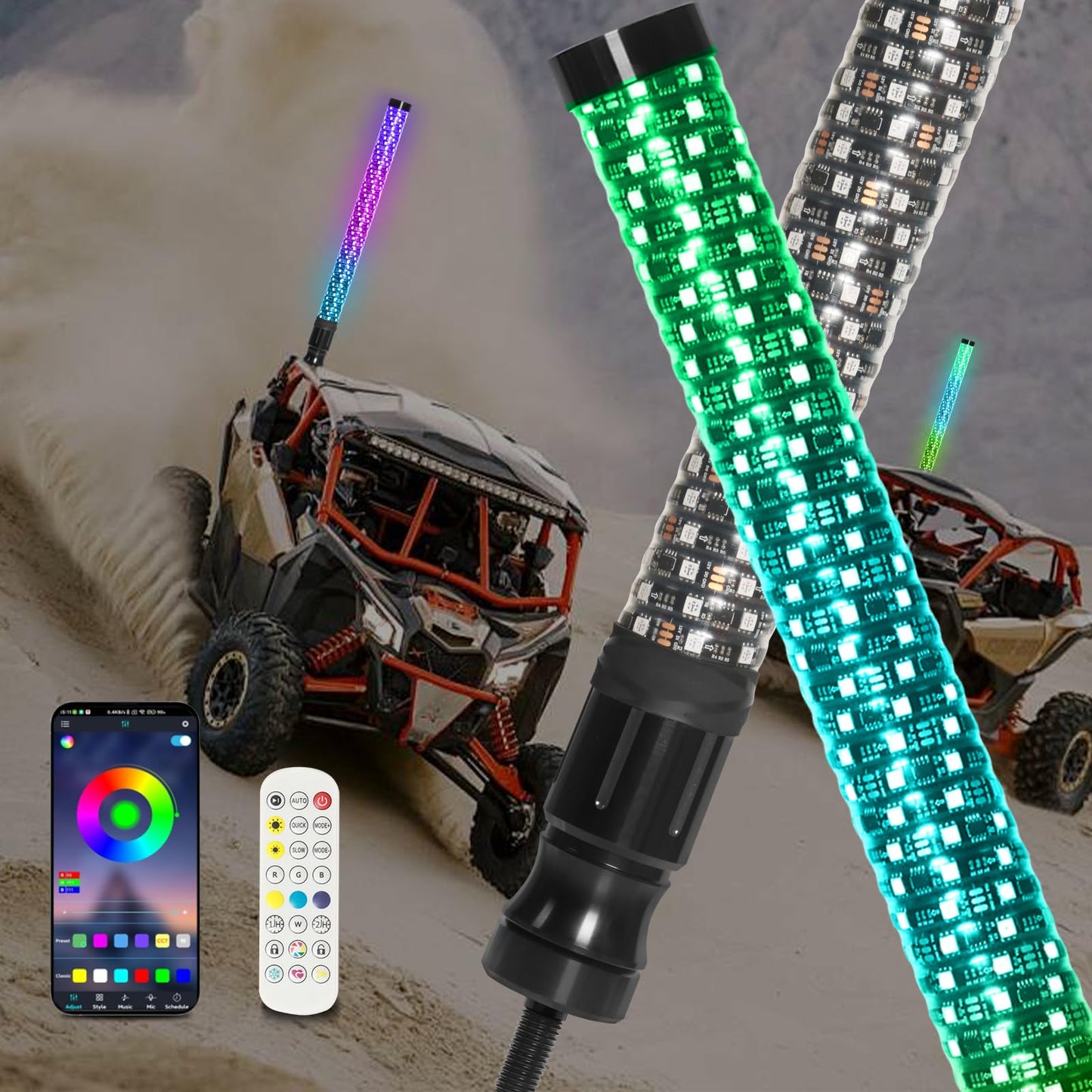 2PCS 2FT Fat LED Whip Lights with Spring Base,ATV Whip Lights with APP & Remote Control RGB Chasing Lighted Antenna Whips for UTV, Truck, Dune Buggy