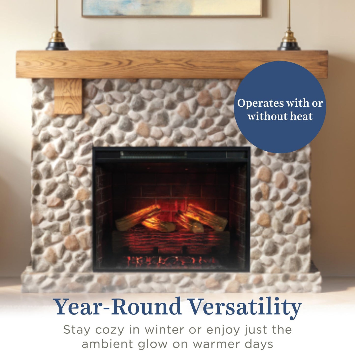 Country Living - Glenbrook Fireplace Mantel Package, 28”, Alexa/WiFi Enabled Fireplace Insert, Cast Stone River Rock Surround, 1500W